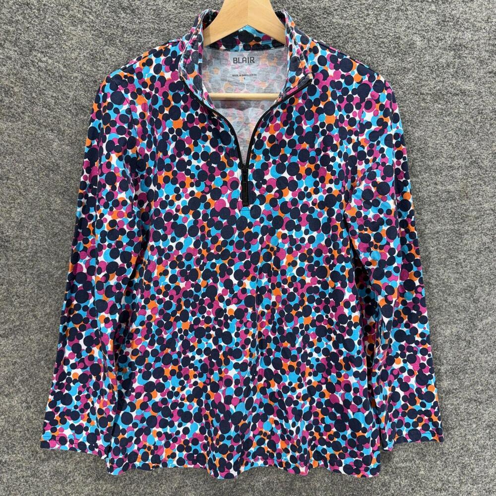 Blair Top Women S Small Blue Polka Dot Long Sleeve Zipper High Neck Cotton